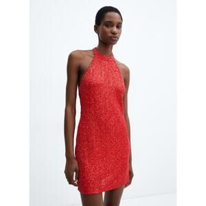 NWT Mango Red Sequined Halter Neck Mini Dress Cocktail Party Glam Bling Size 8